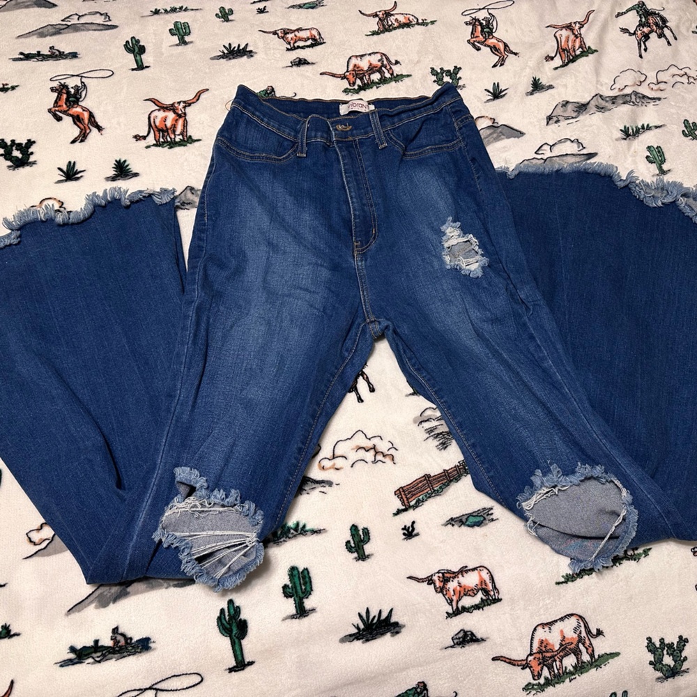 Vibrant Blue Flare Wide Leg Jeans Distressed